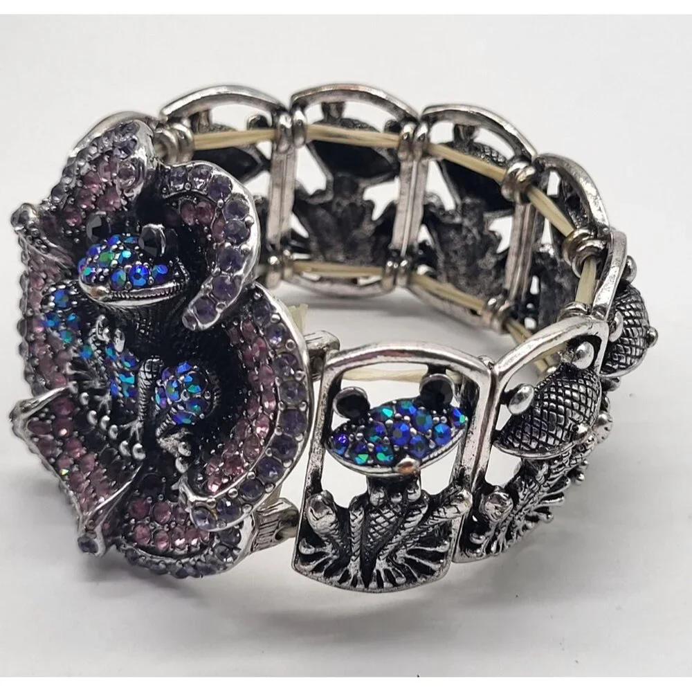 YUHONG Rhinestone Stretch Silver Tone Bracelet FROG Whimsical Bling Fairy Flower - Picture 2 of 12